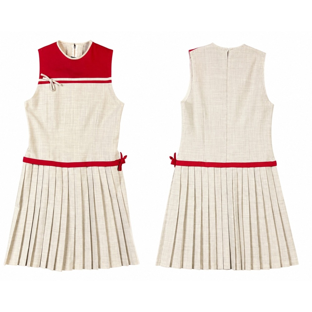 Magasin Partage Pleated Dress Kids Beige Red Colorblock Bows Holiday School Girl